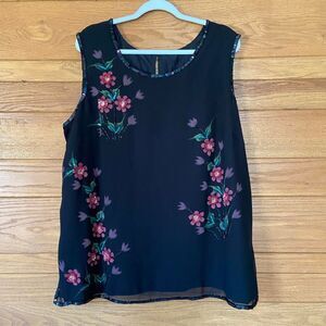 Vintage 90s black floral beaded sequinned sheer tank top plus size